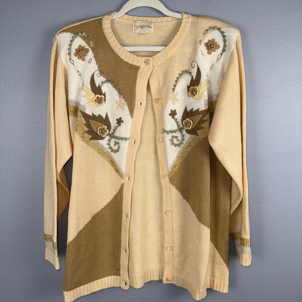 Florentia Cardigan Women’s Medium Beige Embroidered Velvet‎ Appliqué Vtg *READ